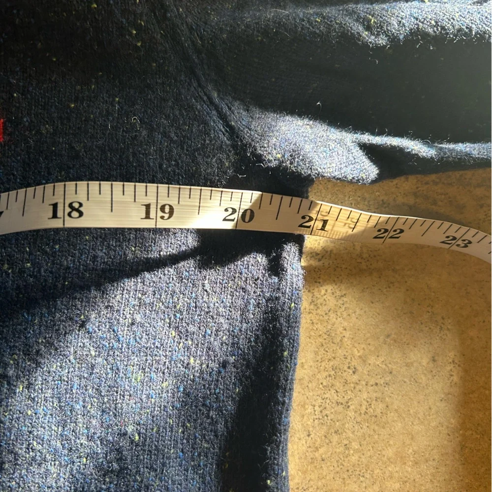 Creatures of Comfort Sweater - navy speckled crew neck w/flower wool/angora/silk